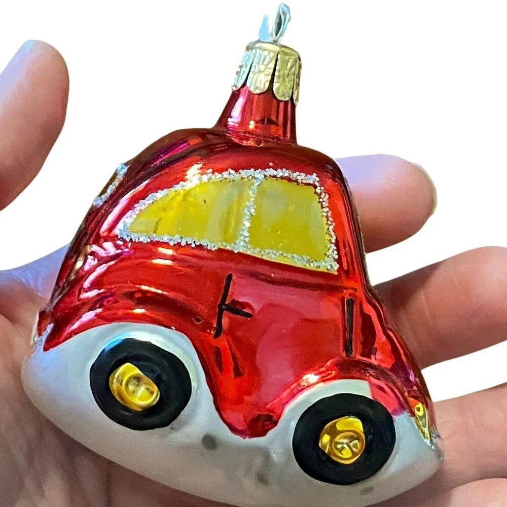 Blown Glass Red car Christmas‎ tree ornament taxi compact glitter